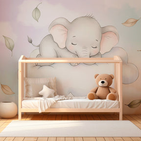 Pastel elephant cloud wallpaper in beautifully decorated children's room interior