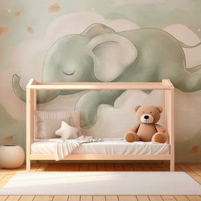 Soothing elephant cloud wallpaper with golden leaves in serene nursery setting