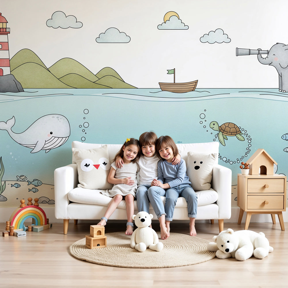 Elephant explorer ocean wall mural by Kids-Mundo styled in a soft, storybook nursery scene.