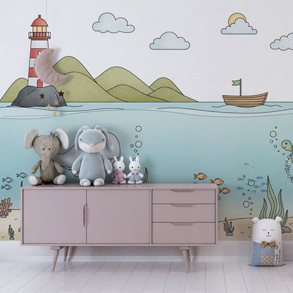Made-to-measure Kids-Mundo ocean adventure wall mural filling a playroom wall with sea creatures.