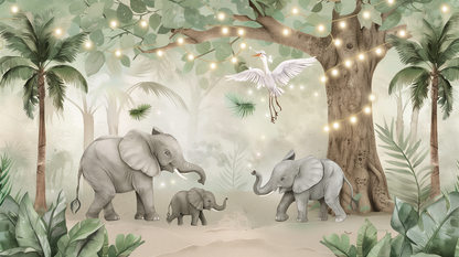 Kids-Mundo flat artwork of an elephant family beneath a fairy-lit tree with palms and a white bird.