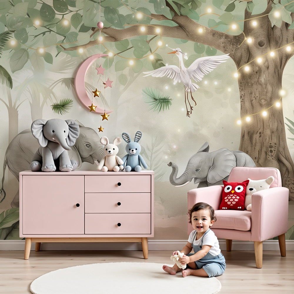Kids-Mundo elephant family wall mural in a calm nursery with a white cot and soft grey bedding.