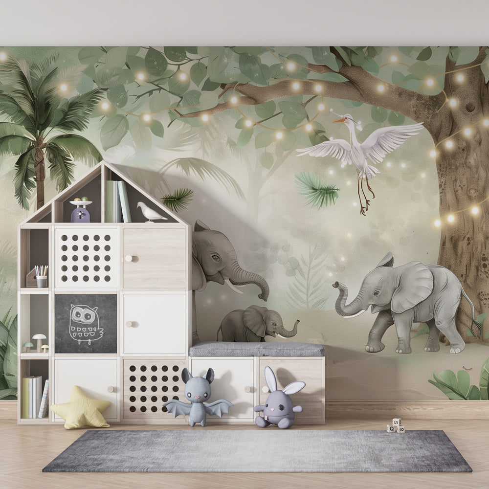 Kids-Mundo elephant family wall mural in a playroom with soft seating and warm reading lamps.