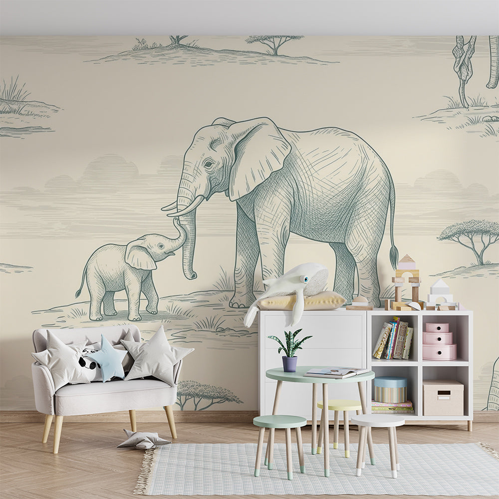 Kids-Mundo elephant savanna mural with mother and calf on a child's bedroom wall
