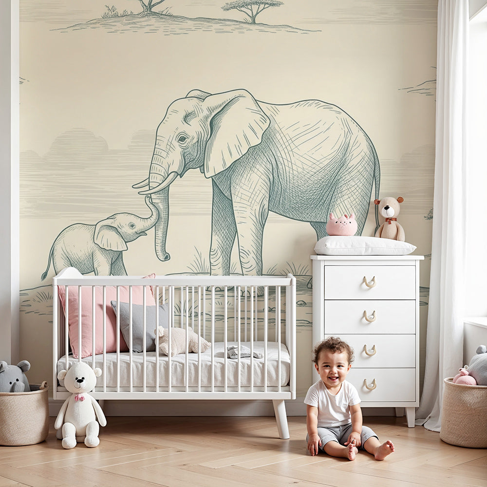Kids-Mundo sketched elephant family wall mural styled in a calm, neutral nursery room