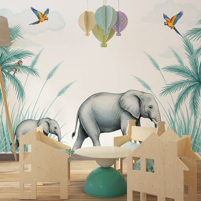 Kids-Mundo elephant family mural on a feature wall in a bright children's bedroom