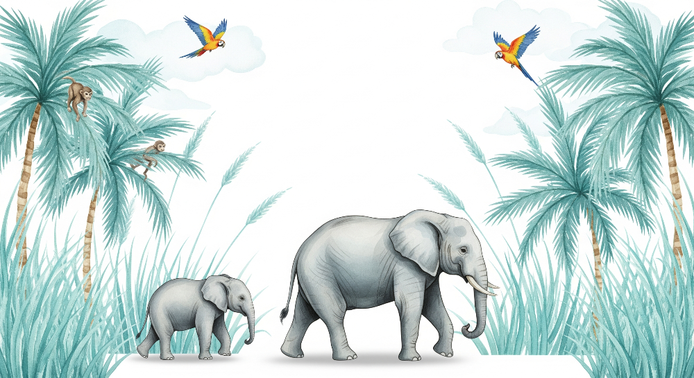 Kids-Mundo elephant family artwork with macaws and monkeys in soft teal watercolour