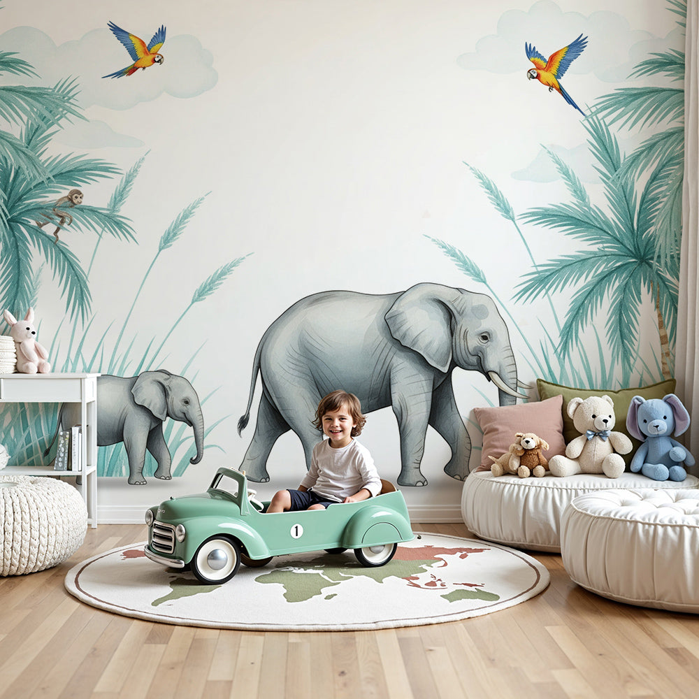 Kids-Mundo elephant family wall mural styled in a calm teal nursery with cot and soft lighting