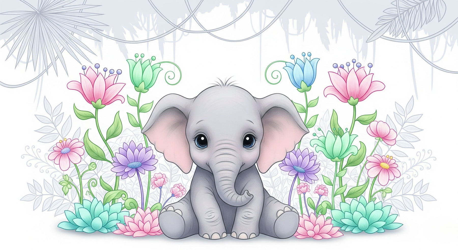 Detailed elephant and tropical flowers mural wallpaper design pattern by Kids-Mundo