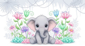 Detailed elephant and tropical flowers mural wallpaper design pattern by Kids-Mundo