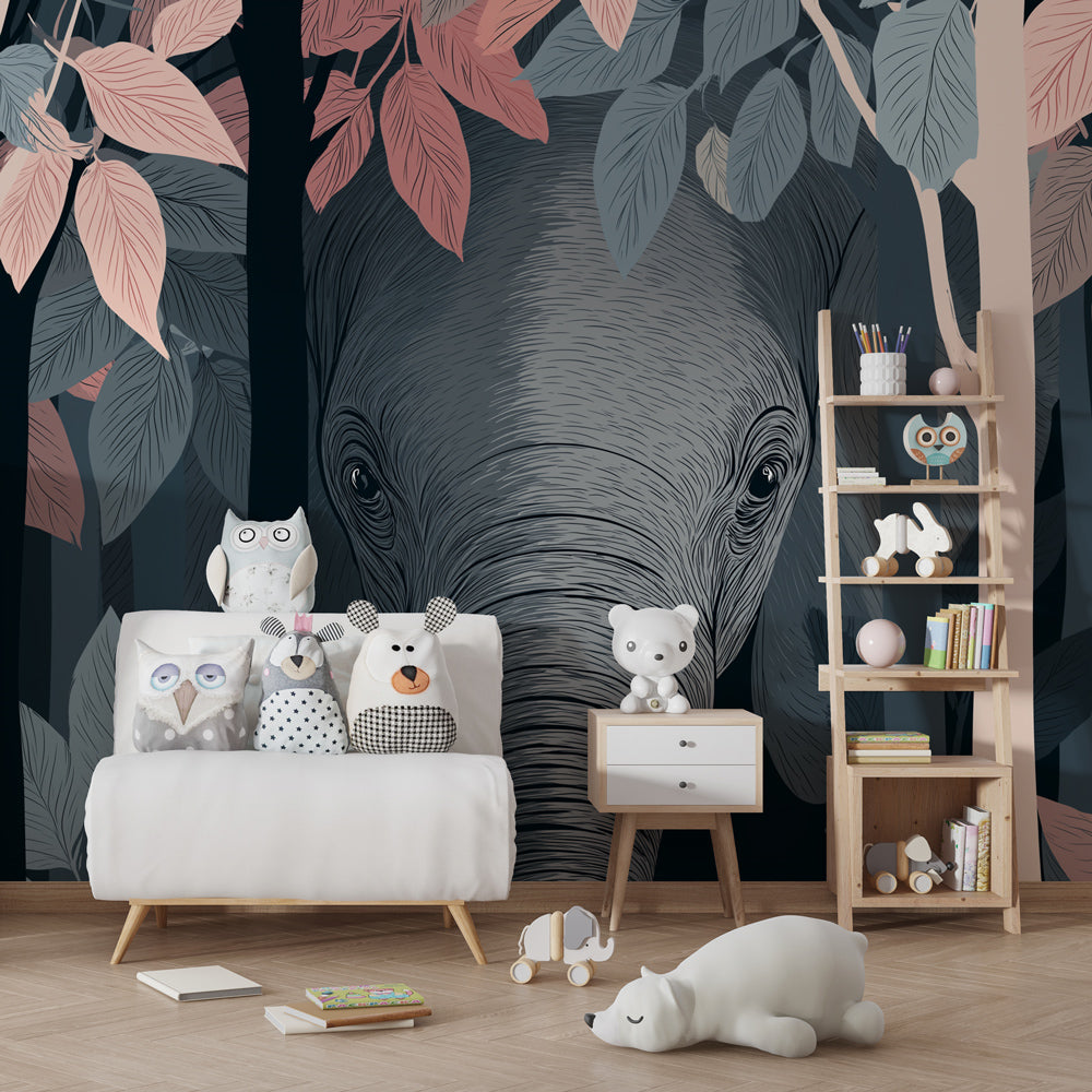 Forest animal mural wallpaper with elephant creating adventure-themed kids room by Kids-Mundo