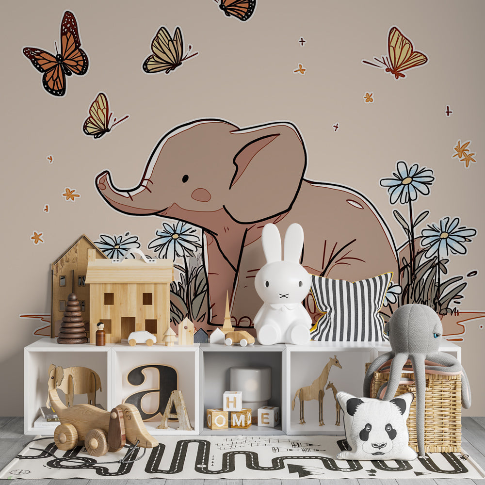 Butterfly elephant wallpaper creating magical atmosphere in children's bedroom decor