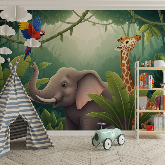 Kids-Mundo elephant and giraffe jungle mural in a bold kids' bedroom wall