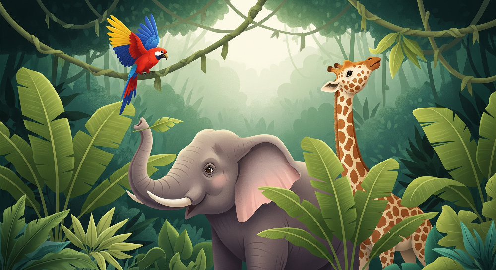 Elephant, Giraffe and Parrot Jungle Wall Mural