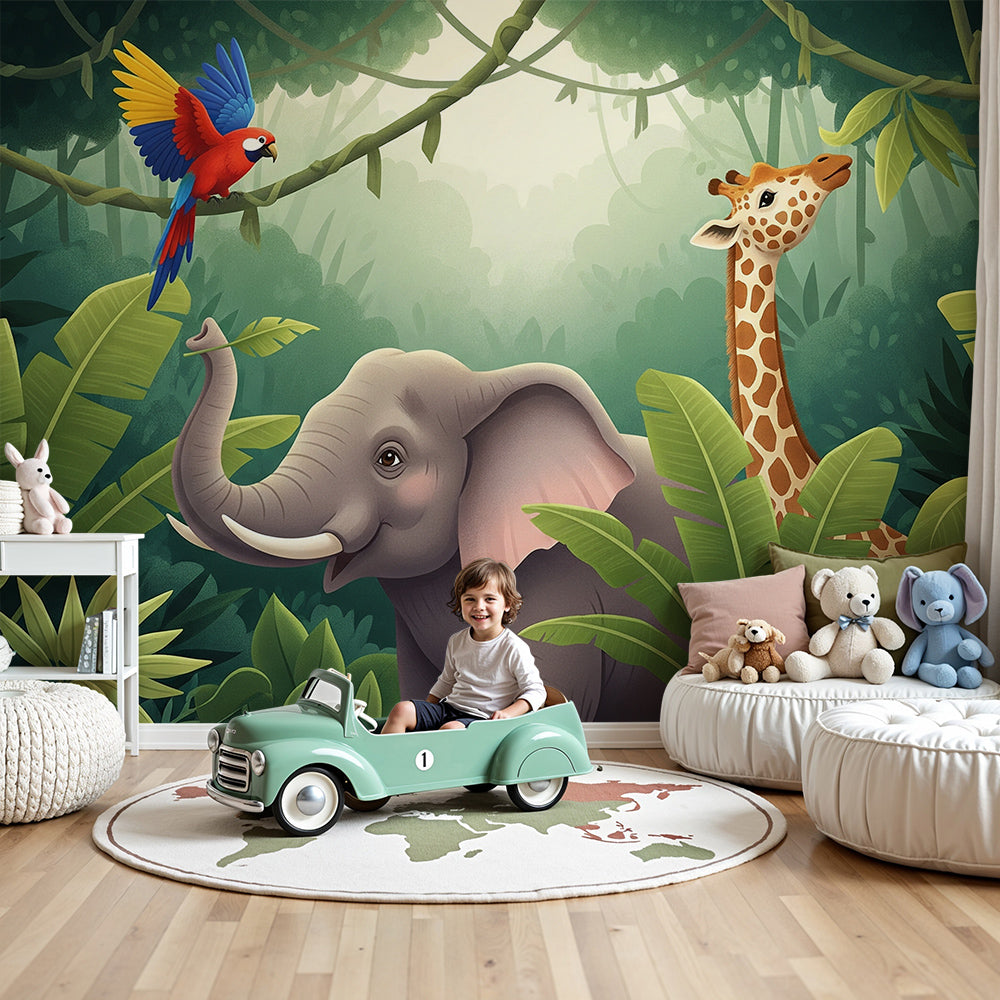 Kids-Mundo jungle wall mural with elephant, giraffe and parrot in a warm nursery