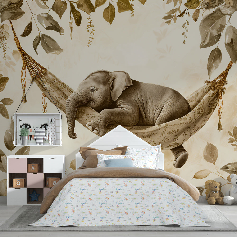 Kids-Mundo sleepy elephant jungle mural wallpaper decorating a neutral kids bedroom wall