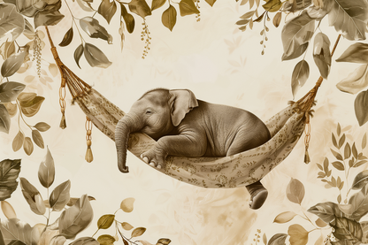 Kids-Mundo flat artwork of a baby elephant asleep in a hammock among soft sepia jungle leaves