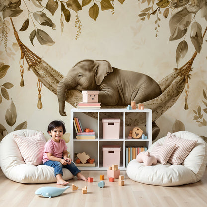 Kids-Mundo baby elephant hammock wall mural shown as made-to-measure wallpaper in a calm nursery