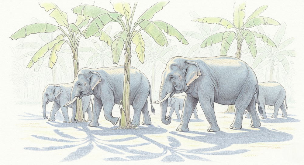 Elephant Herd Under Banana Palms Wall Mural