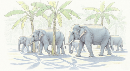 Kids-Mundo flat artwork of a grey elephant herd walking beneath banana palm trees in a jungle scene