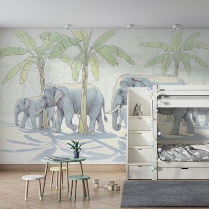 Kids-Mundo elephant herd wall mural brightening a playroom wall with toy storage and floor cushions