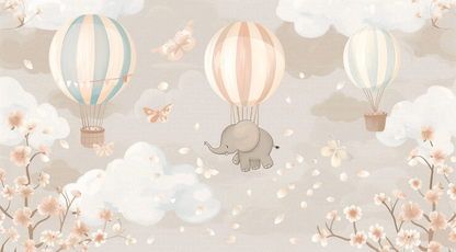 Kids-Mundo flat artwork design of a baby elephant floating beneath hot air balloons among clouds and blossom.