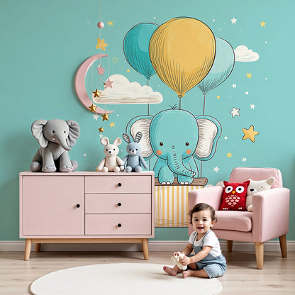 Kids-Mundo elephant hot air balloon wall mural in a bright teal nursery