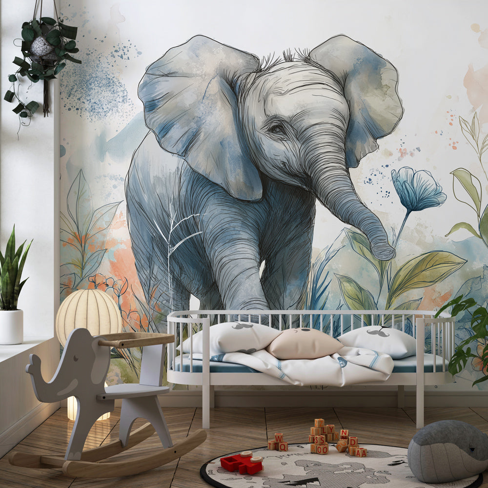 Safari elephant mural wallpaper transforming modern children's bedroom with tropical flora