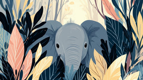 Detailed elephant jungle mural wallpaper design pattern with tropical foliage by Kids-Mundo