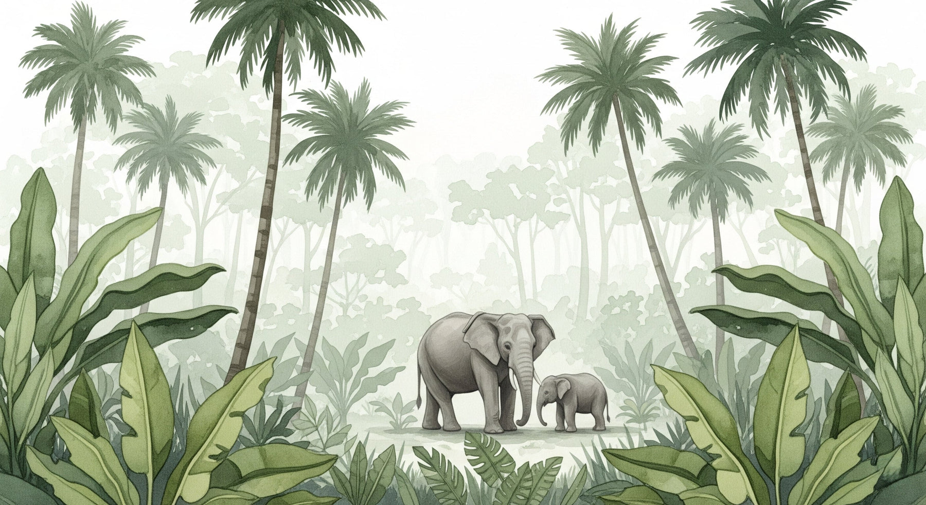 Detailed elephant jungle mural wallpaper design pattern with tropical foliage by Kids-Mundo