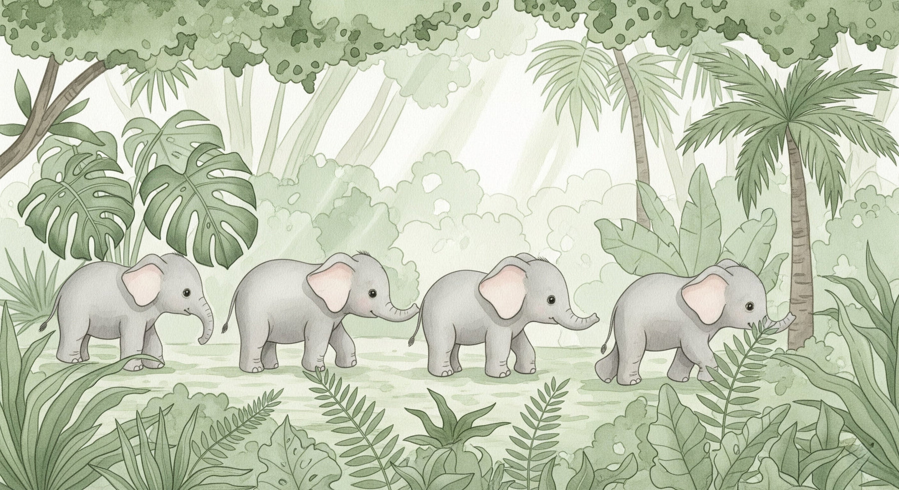 Detailed elephant jungle mural wallpaper design pattern with tropical foliage by Kids-Mundo