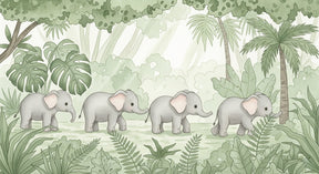 Detailed elephant jungle mural wallpaper design pattern with tropical foliage by Kids-Mundo