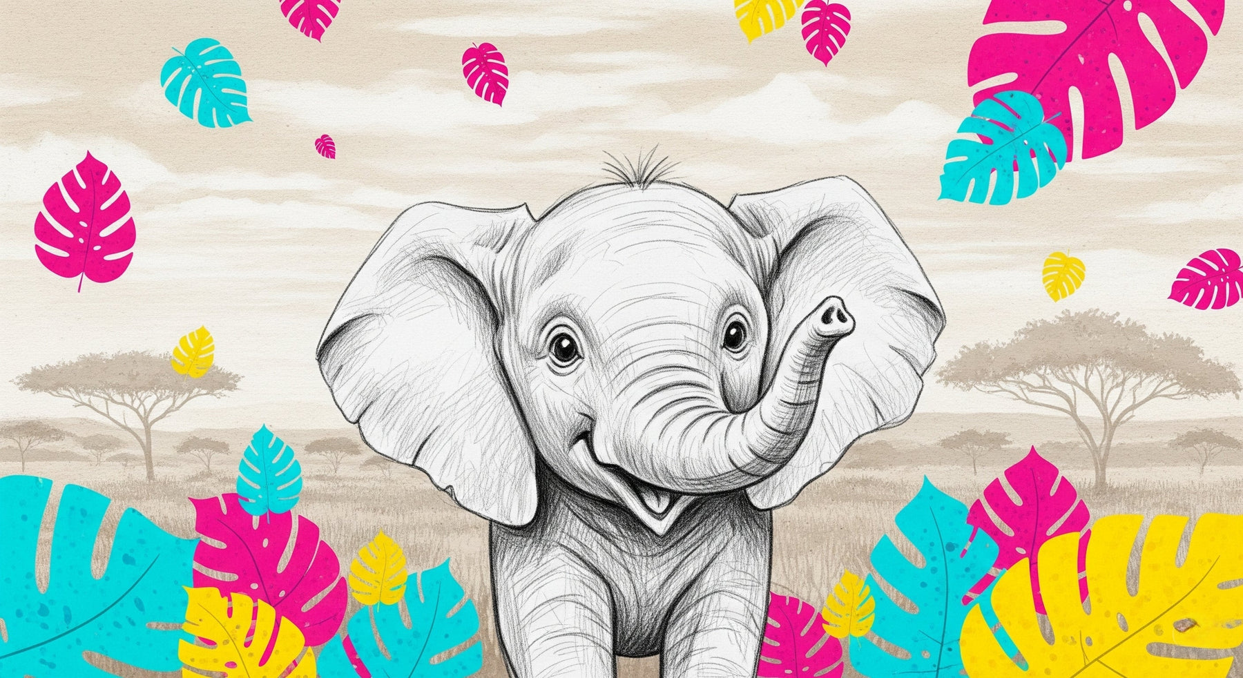 Detailed happy elephant jungle mural wallpaper design pattern with colorful tropical leaves by Kids-Mundo