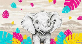 Detailed happy elephant jungle mural wallpaper design pattern with colorful tropical leaves by Kids-Mundo