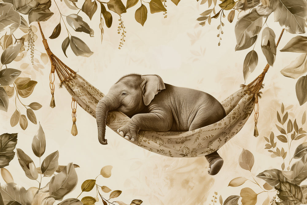 Detailed baby elephant in floral hammock mural wallpaper design pattern by Kids-Mundo