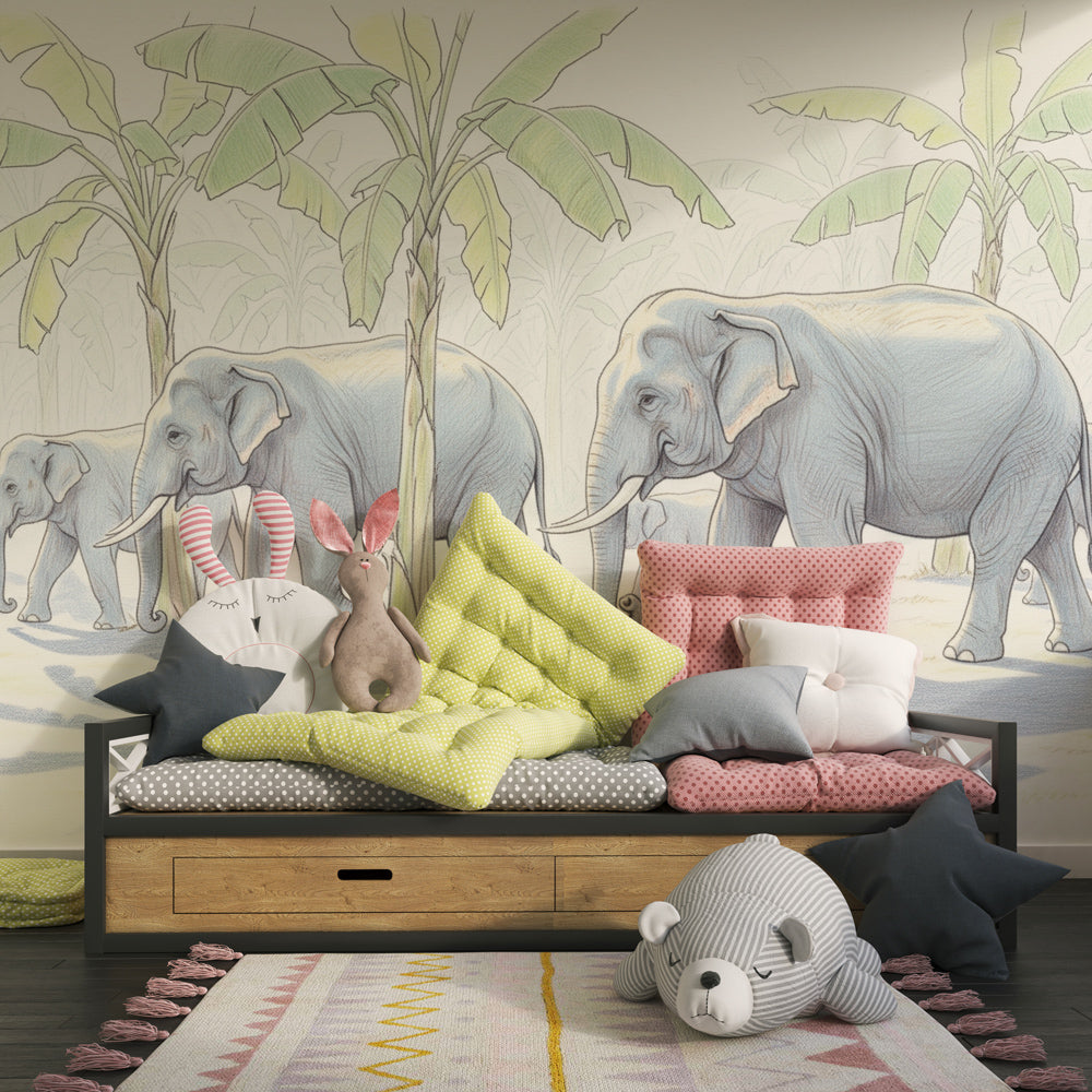Safari elephant wallpaper creating calming atmosphere in children's bedroom