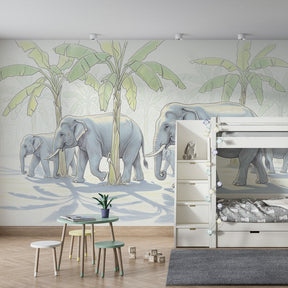 Jungle animal mural wallpaper with natural wood furniture in kids room by Kids-Mundo