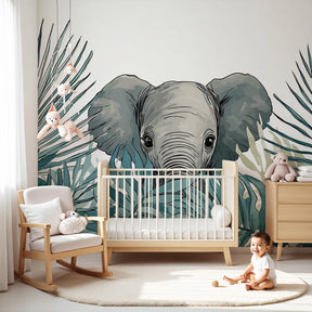 Elephant jungle mural wallpaper in peaceful baby nursery with natural decor by Kids-Mundo