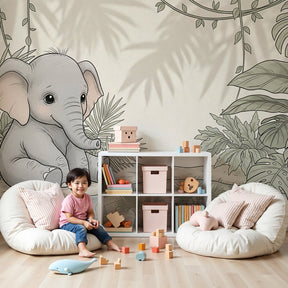 Elephant jungle mural wallpaper in peaceful nursery with natural wood crib by Kids-Mundo