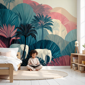 Elephant jungle mural wallpaper in modern nursery with soft blue and pink tropical design by Kids-Mundo