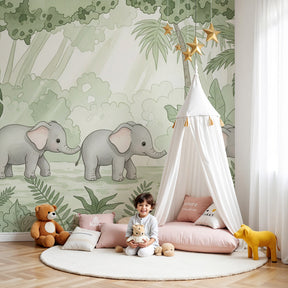 Elephant jungle mural wallpaper in modern nursery with safari theme decor by Kids-Mundo