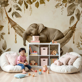 Baby elephant jungle mural wallpaper in peaceful nursery setting by Kids-Mundo