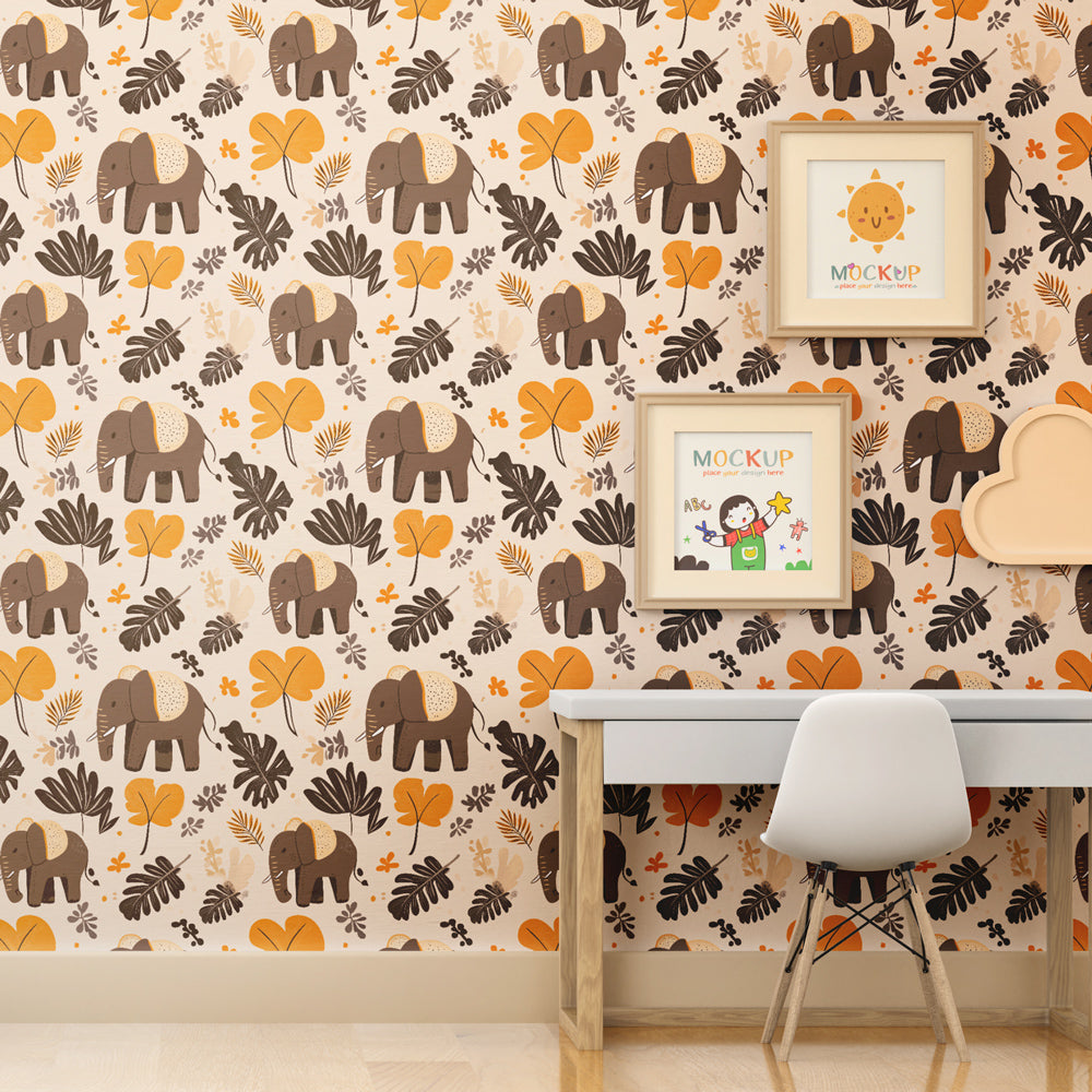 Colorful elephant and foliage mural wallpaper for modern kids playroom by Kids-Mundo