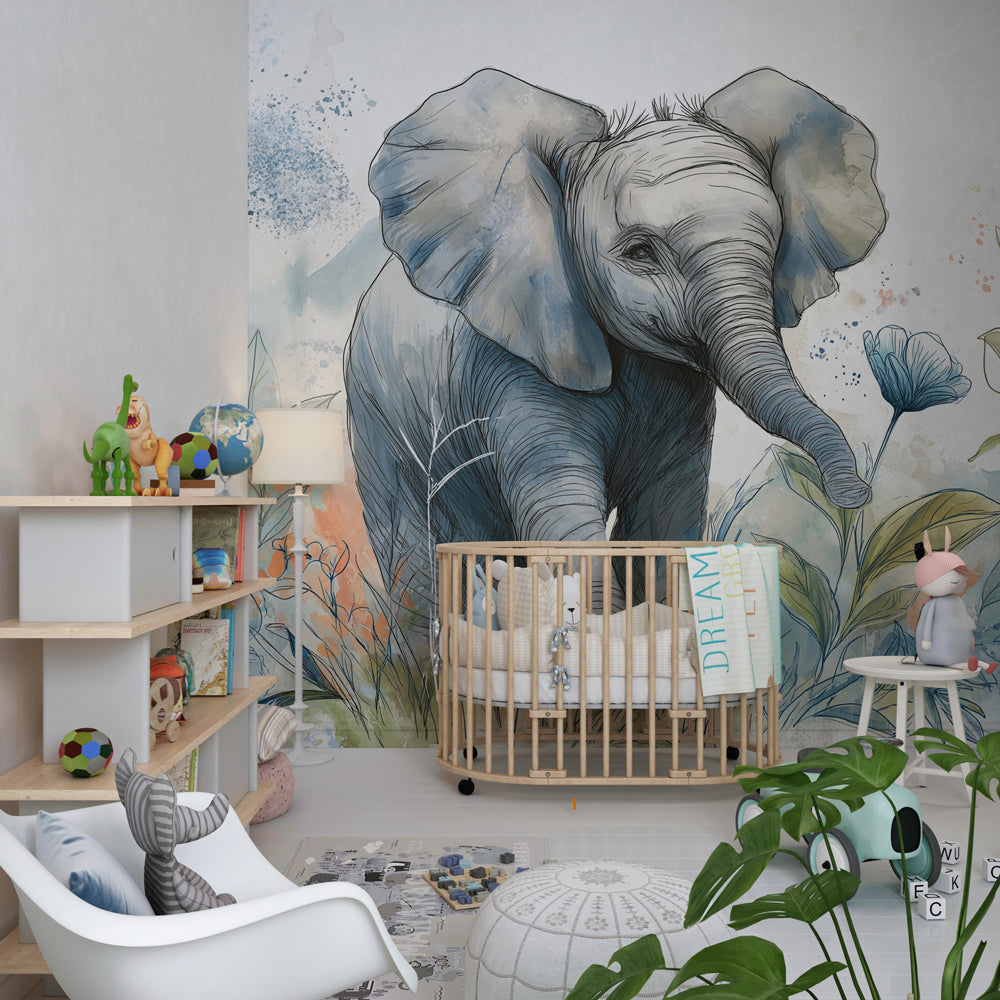 Gentle elephant jungle wallpaper creating magical safari atmosphere in kids playroom