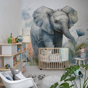 Gentle elephant jungle wallpaper creating magical safari atmosphere in kids playroom
