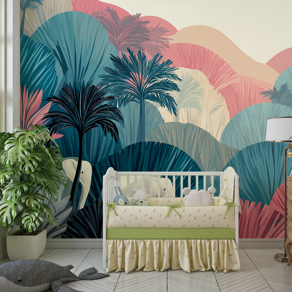 Tropical elephant mural wallpaper transforming children's playroom into jungle adventure space