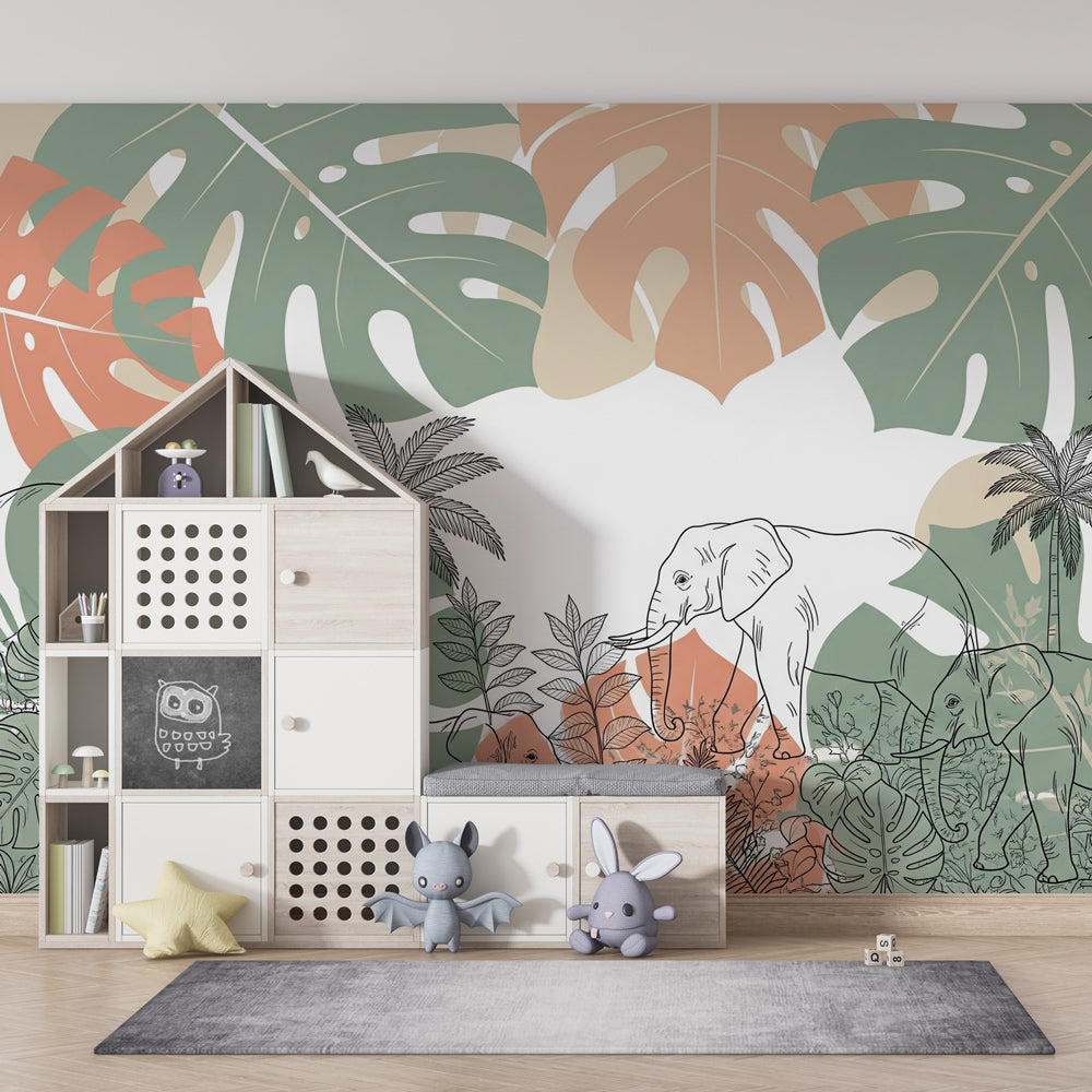 Elegant elephant mural wallpaper transforming children's playroom into jungle adventure space