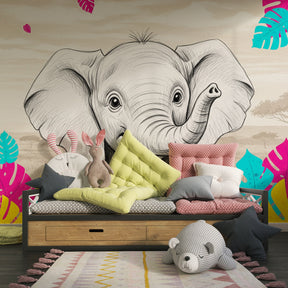 Vibrant jungle elephant wallpaper transforming playroom with tropical foliage in blues pinks and yellows