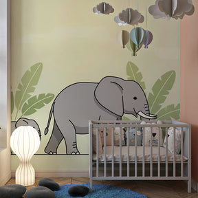 Tropical elephant wallpaper with natural wood furniture in kids playroom setting
