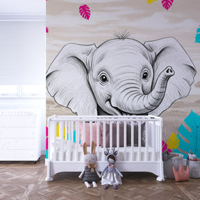 Colorful elephant and tropical leaves mural wallpaper creating safari adventure theme in kids bedroom